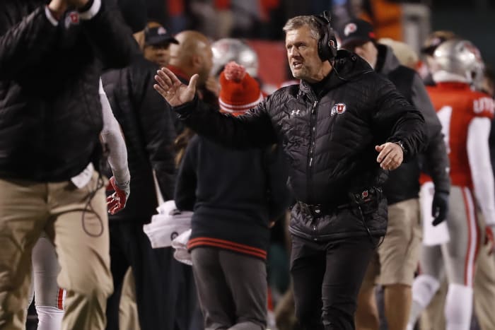 Nov 30, 2019; Salt Lake City, UT, USA; Utah Utes head coach Kyle Whittingham celebrates after a third quarter touchdown against the Colorado Buffaloes at Rice-Eccles Stadium.